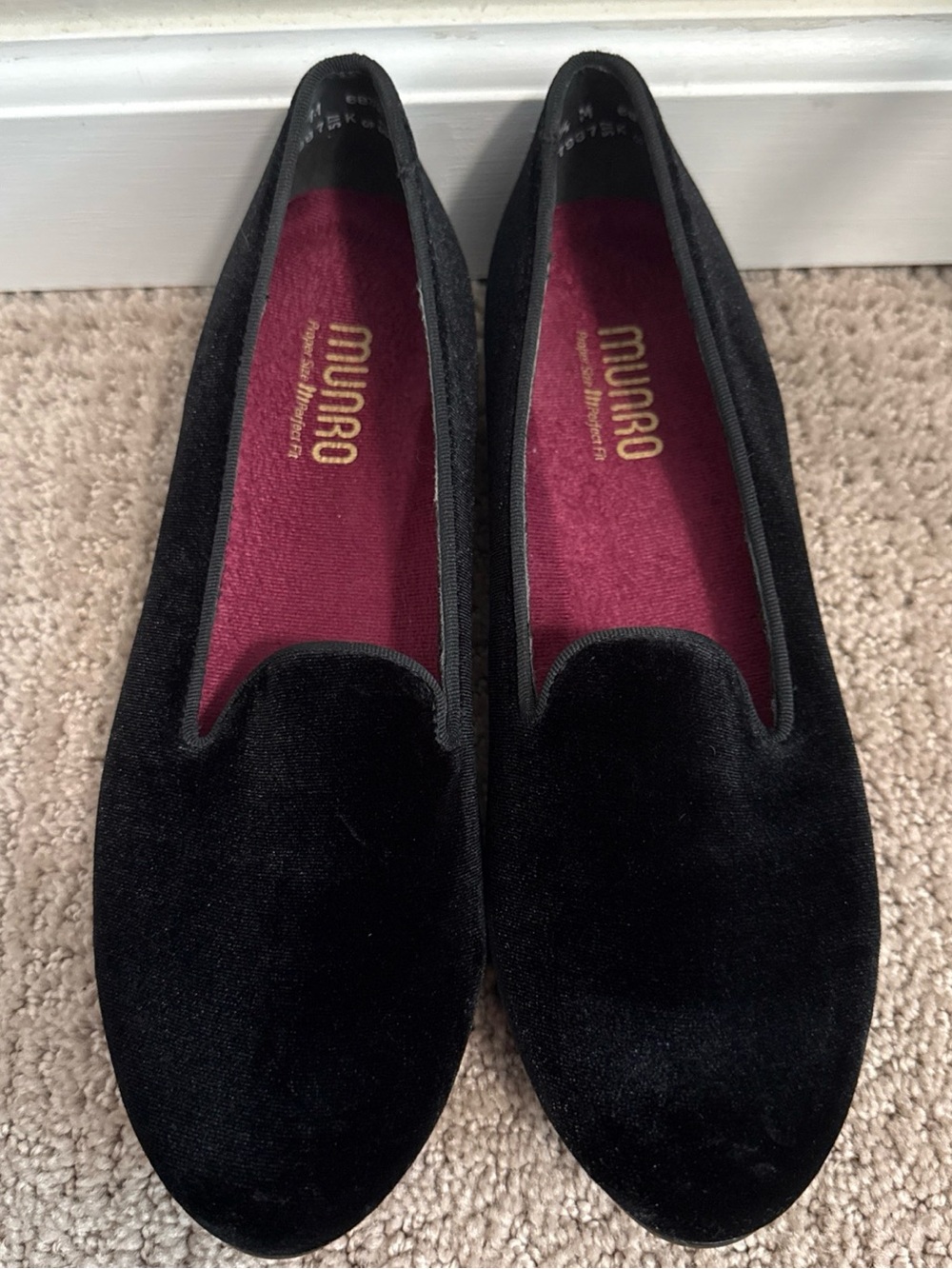 Munro Black Velvet Slip-On Flats with Burgundy Insole